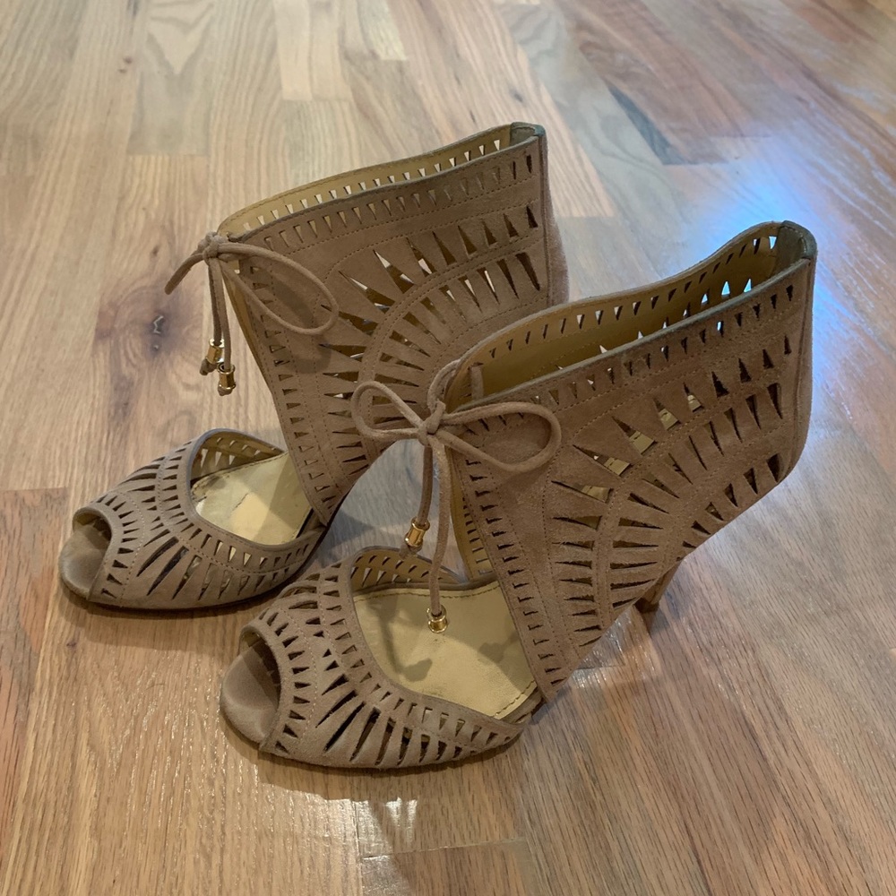 Ivanka Trump suede cut out tie front heels